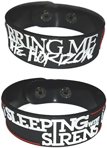2 PIECES x ( BRING ME THE HORIZON &amp; SLEEPING WITH SIRENS ) NEW RUBBER BRACELET WRISTBAND MUSIC ROCK POP UNISEX MEN WOMEN BLACK WHITE SOUVENIRS GIFT DAY WS20