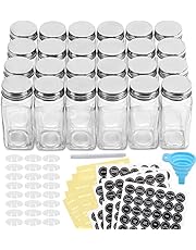 Aozita 24 Pcs Glass Spice Jars/Bottles - 4oz Empty Square Spice Containers with Spice Labels - Shaker Lids and Airtight Metal Caps - Silicone Collapsible Funnel Included