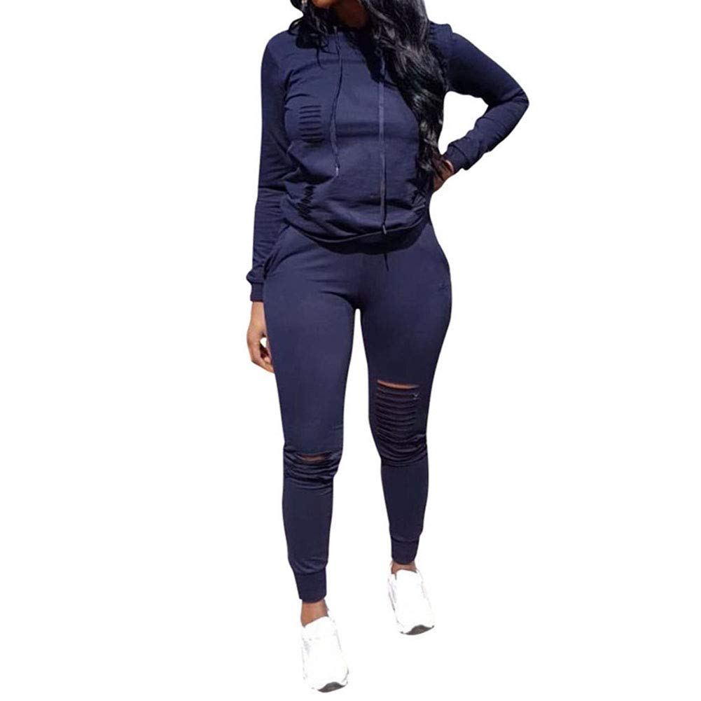 2 Piece Outfits for Women Ripped Hole Hoodies Pullover Tops and Sweatpants Sports Tracksuit Set Plus Size Dark Blue X-Large