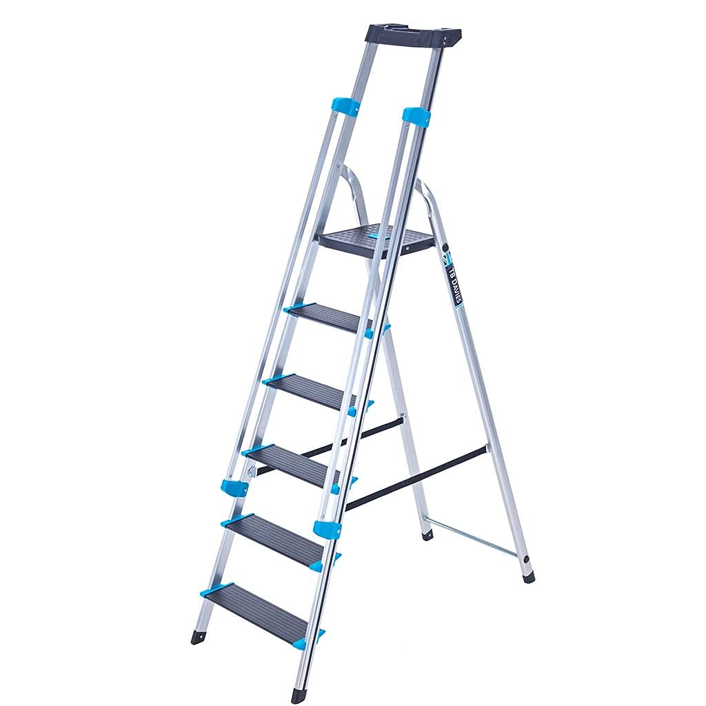 TB Davies 1203-006 Trade Premier XL Step Ladders, 6 Tread, Platform Height 1.3m, Aluminium, Twin Handrails, 10kg Tool Tray, 150kg Work Load, EN131