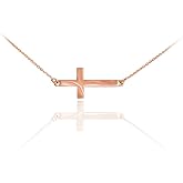 14k Rose Gold Classic Horizontal/Sideways Cross Necklace on Rolo Chain - 18"