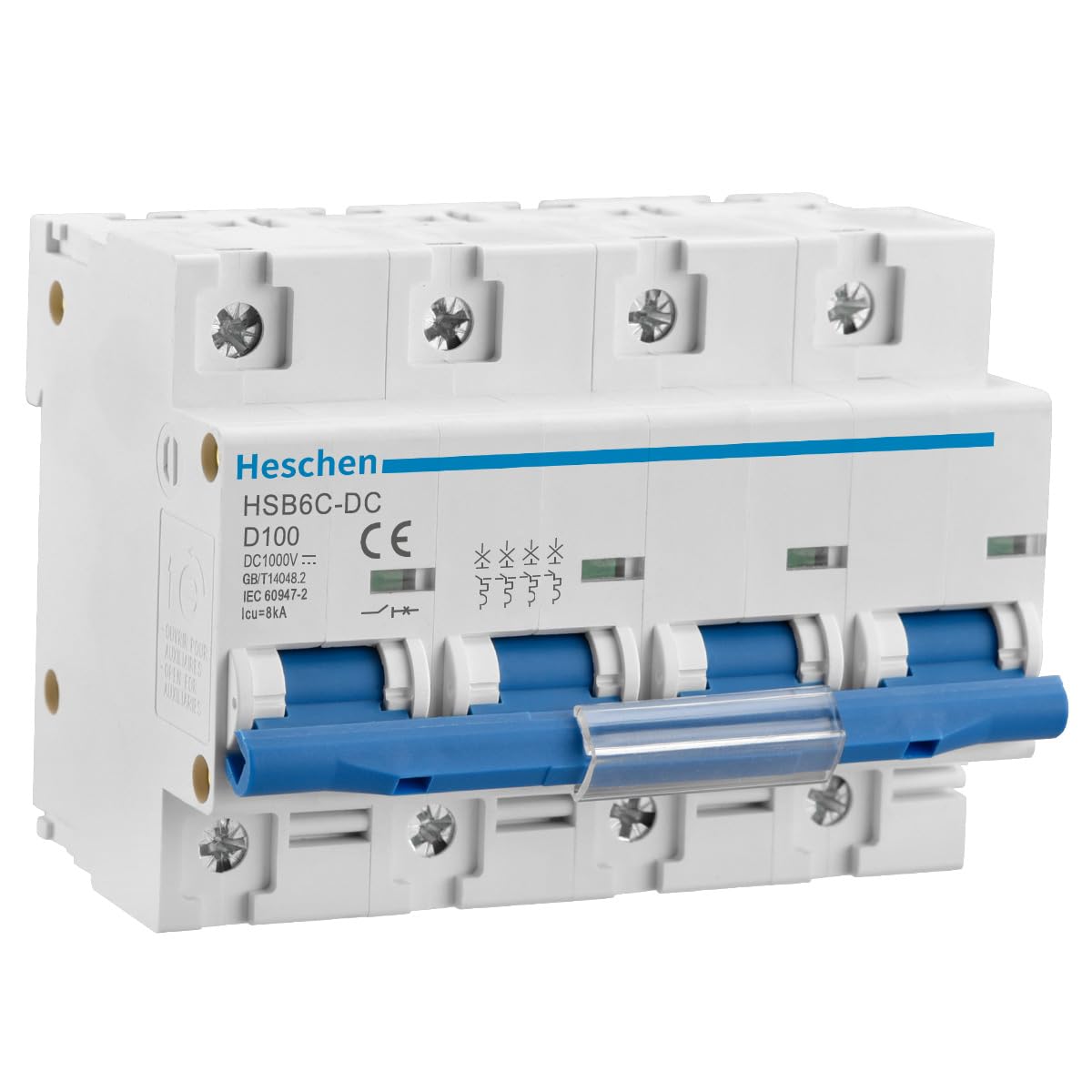 Heschen DC Miniature Circuit Breaker, HSB6C-DC, 4 Poles, DC1000V 100A, Photovoltaic Circuit Breaker, for Solar PV System Solar Panels Grid System, 35mm DIN Rail Mounting