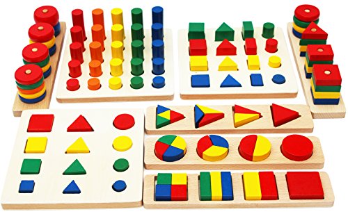 Toys of Wood Oxford Wooden Geometric Shapes and Fractions Boards â€“ Wooden shape sorter toy and wooden stacking game 8 Sets in One - educational toys