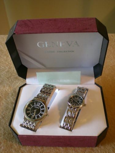 TC W-015 His and Hers Matching Wrist Watch Gift Set Geneva Quartz Classic Collection – Silver Tone in Purple box