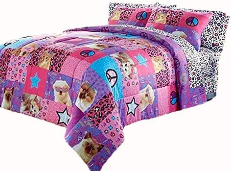 Princess Kitty Your Zone Puppy Purple and Pink Comforter & (2) -Pillow Shams Reversible to Peace Signs, Hearts, Love and BFF Scripts (Sheets NOT Included) (3pc Full/Queen Size (86" x 86)
