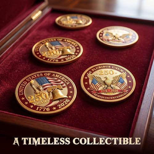 FLAGWIX 250 Anniversary Coin 1776-2026 - USA 250th Anniversary Merchandise Commemorative Coin - American Patriotic 4th of July Celebration Decorations Gifts for Men Veterans History Lover