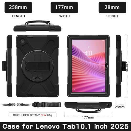 Gerutek Anti-Drop Case for Lenovo Tab 10.1 Inch 2025, (TB-311FU/TB-311XU), Rugged Case with Rotating Stand, Hand/Shoulder Strap, Pencil Holder, Case for Lenovo Tab 2025 10.1 inch WUXGA, Black