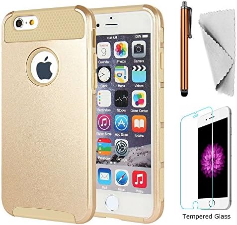 iPhone 6/6s case KXLY 2 in 1 Hybrid Heavy Duty Shockproof Protective Cover Hard PC Rugged Soft TPU Bumper Dual Layer +Tempered Glass Screen Protector+Stylus[Gold-Gold]