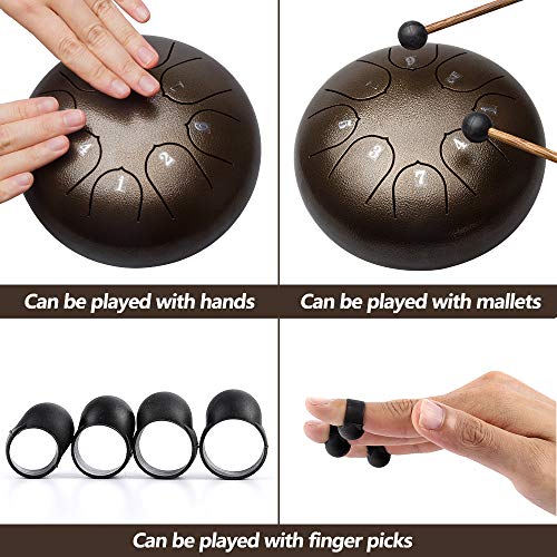 Luvay Steel Tongue Drum - 8 Notes 6 inches - Percussion Instrument - with Pouch, Book, Mallets, Finger Picks