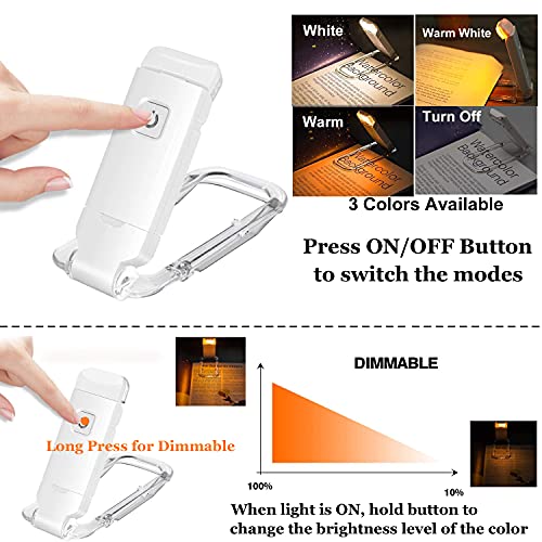 USB Rechargeable Book Light, for Kids Reading in Bed, LED Clip on Book Reading lamp, 3 Colors, 9 Brightness Adjustable Level, for Eye Care at Night, Warm White, Perfect Gift for Bookworms (White)