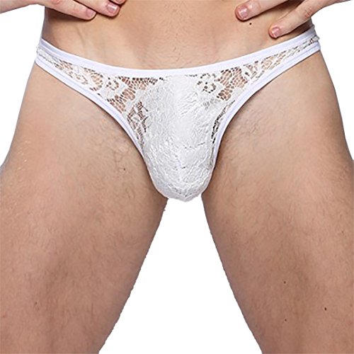 GOTD Men's Underwear Briefs G-String Lace Thongs Panties Breathable Lingerie (2XL, White)