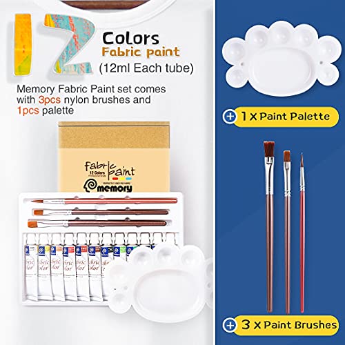 COLORFUL Fabric Paint Set for Clothes with 3 Brushes,1 Palette and 12