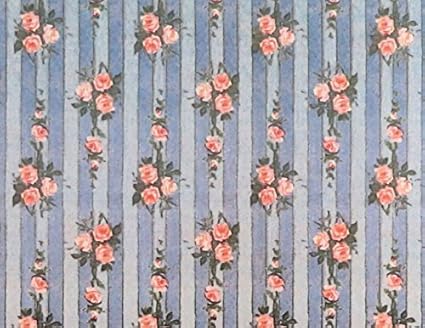 Amazon Com Melody Jane Dolls Houses House Miniature Print 1 12 Scale Pink Rose On Blue Stripe Wallpaper Toys Games amazon com