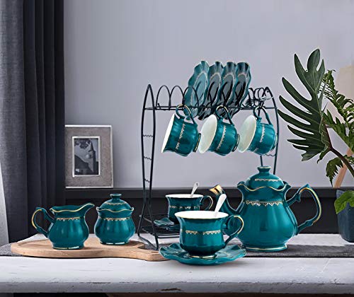 22-Piece Porcelain Ceramic Tea Gift Set with Metal Holder, Coffee Service Set with Cups, Saucers, Teapot, Sugar Bowl, Creamer and Teaspoons.