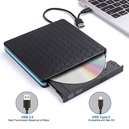 External CD Drive with USB 3.0 & Type-C, Optical Drive for USB C VCD/DVD/CD -ROM/ -R/ +R /-RW with High Speed, CD Burner/Reader/Writer, Suitable for Windows/Linux/MAC OS