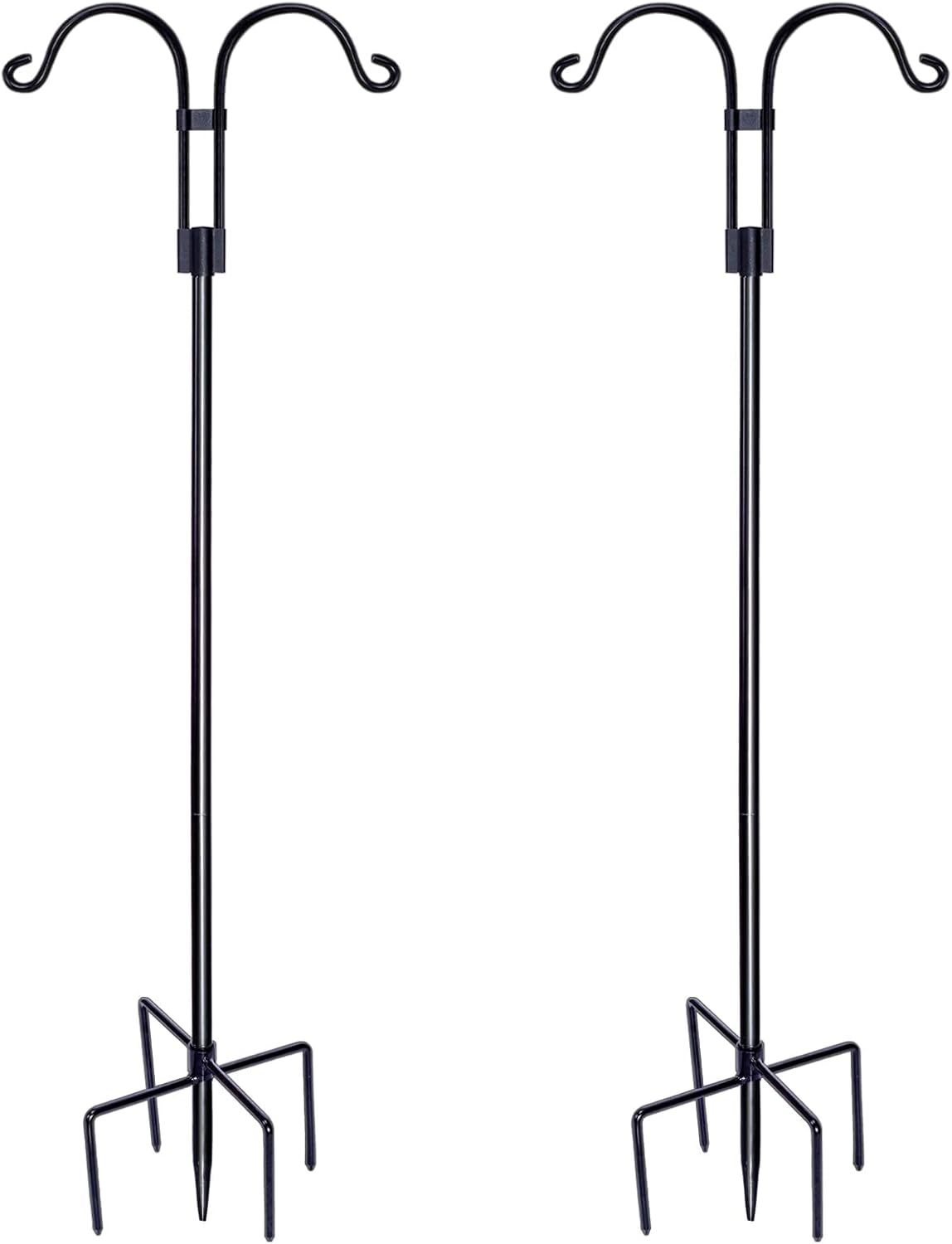 Outdoor Shepherd's Hooks - Double Shepherds Hooks for Outdoor, 2-Pack Heavy Duty Garden Pole for Hanging Bird Feeder, Plant Baskets, Solar Light Lanterns, Garden Plant Hanger Stands with 5 Base Prongs (76 Inch, Style E)