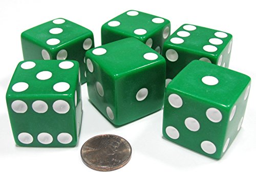 Koplow Games Set of 6 D6 25mm Large Opaque Jumbo Dice - Green with White Pip