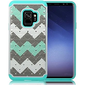 zase case compatible with samsung galaxy s9 galaxy s9 hybrid dual layer protection jewel rhinestone shockproof slim hard shell sparkly crystal bling - blue fortnite pills silver glitter