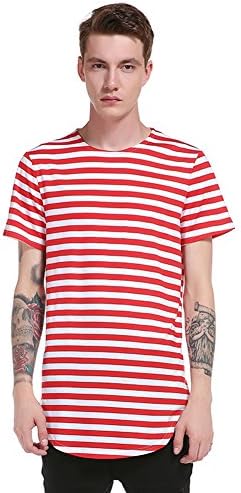 Honesy Mens Crew-neck Striped Longline Shirts Slim Short-sleeve T-shirt Red S