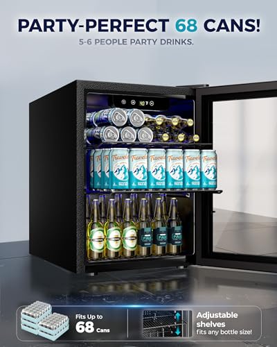 EUHOMY 60 Can Beverage Refrigerator cooler-Mini Fridge Glass Door for Beer Drinks Wines, Countertop Beverage Fridge with Adjustable Shelves Blue LED, 1.6 cu.ft