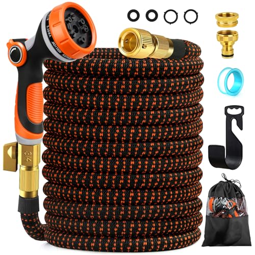 SKYAYA 100FT Expandable Garden Hose Pipe, Flexible Hosepipe for Lawn Expanding Retractable with 10 Function Spray Gun Nozzle, Magic Water Hose Attachments 3/4"& 1/2" Solid Brass Connectors, Anti-Kink