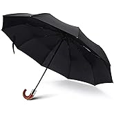 DSWINCE Curved Handle Umbrella Windproof, Automatic Open Umbrella for Men Imitation Wooden Handle Travel Folding Umbrella Portable Black Rain Umbrella Auto Mens Sunny Umbrella