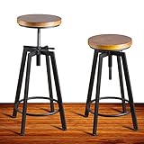 Round Wood Seat Bar/Counter Height Adjustable Swivel Metal Bar Stool/Chair for Bistro Pub Breakfast Kitchen Coffee, Set of 2, Black
