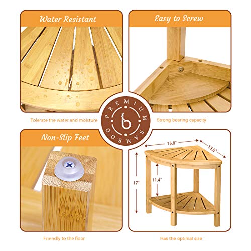 Bamfan Bamboo Corner Shower Bench Waterproof Stool with SpaceEfficient