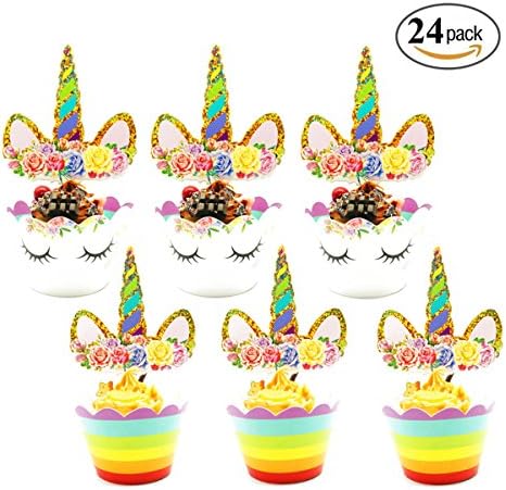 Flash Gold Unicorn Cupcake Toppers and Wrappers Double Sided Kids Party Cupcake Decorations Set of 24