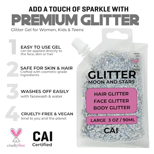 Face, Body & Hair Glitter Gel – Halloween Glitter for Kids and Women – 3 Oz Cosmetic-Grade Gel w/Moon & Stars for Festivals & Halloween Party, Easy Apply & Wash Off - Silver 1Pack