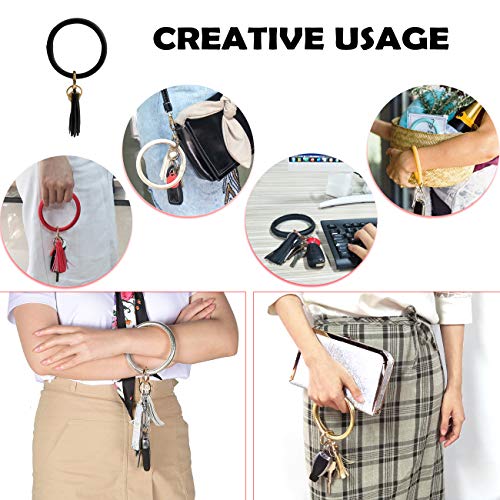 Leather Bracelet Key Ring Bangle Keyring, Tassel Ring Circle Key Ring Keychain Wristlet for Women Girls - Free Your Hands (Black)