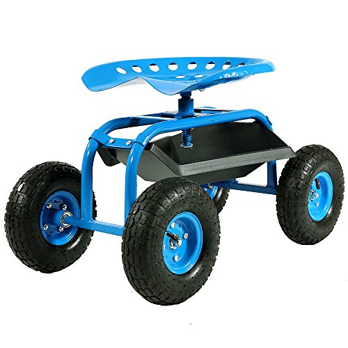 Sunnydaze Blue Rolling Shop Cart with 360 Degree Swivel Seat & Tool Tray