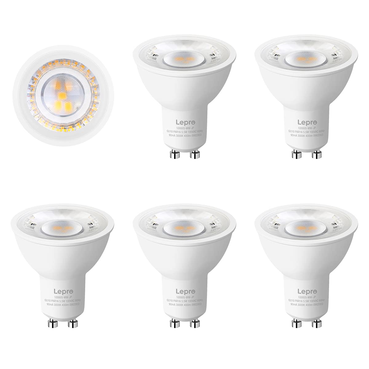 Lepro LED Halogen Bulb, Halogen GU10 LED Bulb, Spotlight, 50W Equivalent, 5.5W, 400lm, Bulb Color, 3000K, High Color Rendering Type, PSE Certified, Non-Dimmable, Enclosed Fixture, Energy Saving,