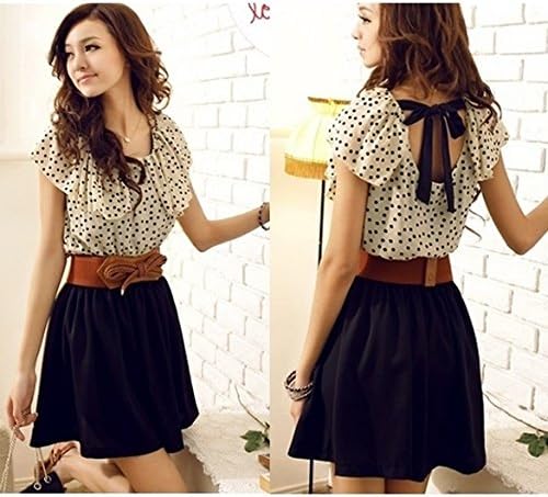 Fifishow Korean Women Summer New Fashion Short-sleeve Dots Polka Waist Dress Beige XL