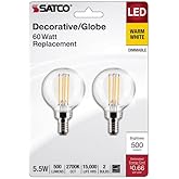Satco S21813 5.5 Watt G16.5 LED Bulb, Clear, Candelabra Base, 2700K, 500 Lumens, 120 Volt, 2-Pack