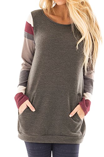 Women Long Sleeve Casual Color Block Sweatshirt Kangaroo Pocket Cotton Striped Tunic Brown S