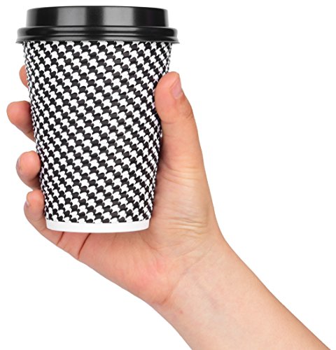 Disposable Hot Coffee Insulated Cups By Golden Spoon – 50 Pack Set Complete With Lids – Stylish Contemporary Ripple Design - Perfect For Take Away Coffee Shops And Bars (12 oz, Checkered Design)