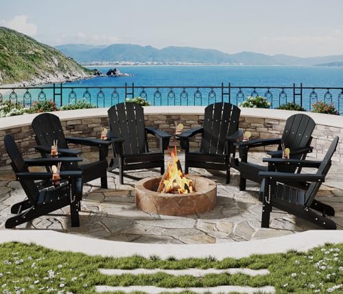 Garvee Folding Adirondack Chair Set of 6, HDPE Outdoor Patio Chair with Cup Hol…
