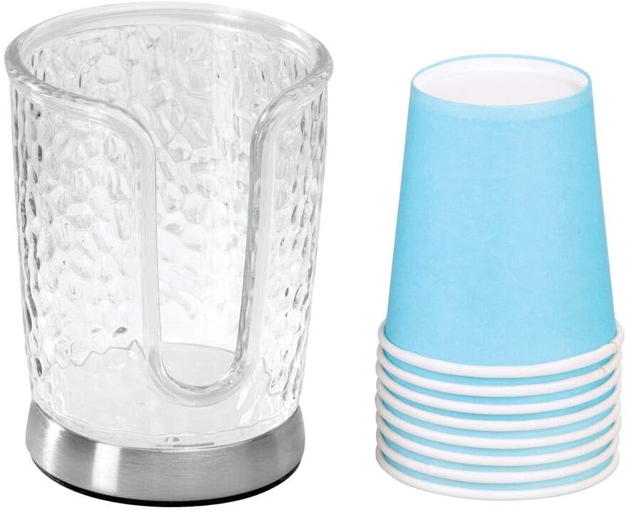 mDesign Modern Plastic Compact Small Disposable Paper Cup Dispenser - Storage Holder for Rinsing Cups on Bathroom Vanity Countertops - Clear/Brushed: Home & Kitchen