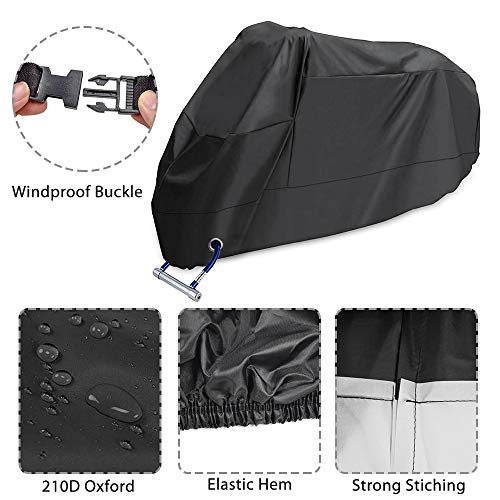 Acelane Waterproof Motorcycle Cover All Weather All Season Vehicle Cover for Indoor Storage Outdoor Protection 210D Durable Material with Lock Holes, Up to 116 inches, Harley Davidson, Honda