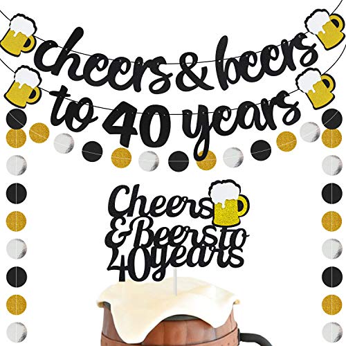 40-Years-Anniversary-Decorations-Cheers-Beers-to-40-Years-Banner-with-40th-Years-Old-Cake-Topper-Black-Glittery-Circle-Dots-Garland-for-40th-Birthday-Wedding-Party-Supplies-Decorations-PRESTRUNG
