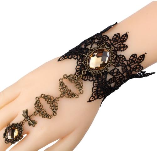 Yazilind Black Lace Slave Bracelets with Ring Lolita Sexy Brown Bow Metal