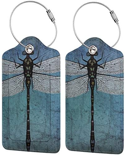 Dragonfly Luggage Tags with Full Back Privacy Cover Leather Case Luggage Bag Tags Travel Tags 2 Pcs Set