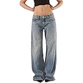 Women Y2k Low Rise Denim Pants Loose Fit Boyfriend Wide Leg Baggy Jeans with Pockets Vintage Casual Streetwear