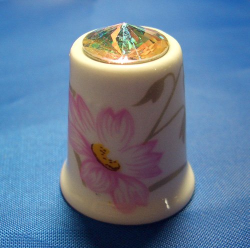 Porcelain China Collectable Thimble - Pink & Gold with Swarovski Crystal -- Free Gift Box
