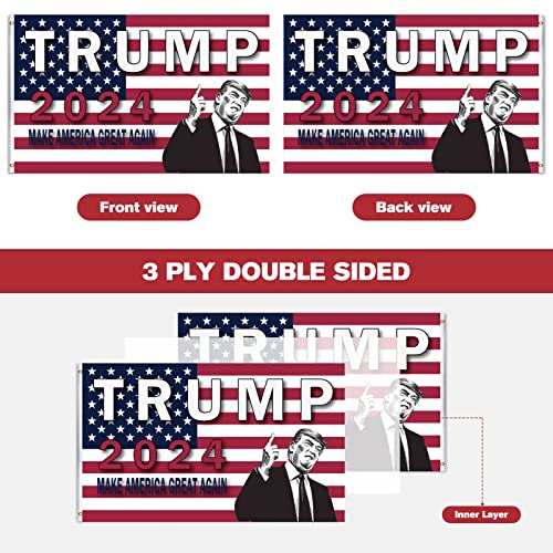 Trump 2024 Flag Double Sided 3x5 Make America Great Again Take American Back Double Sided 3ply Heavy Duty Polyester Anti-UV Fading Donald Trump 2024 Flag with 2 Brass Grommets 4 Rows Stitched Suitable for Indoor and Outdoor Decoration