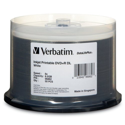 Verbatim 96862 8.5GB 8X DataLifePlus White Inkjet Printable DVD+R DL, 50 Disc Spindle (Discontinued by Manufacturer)