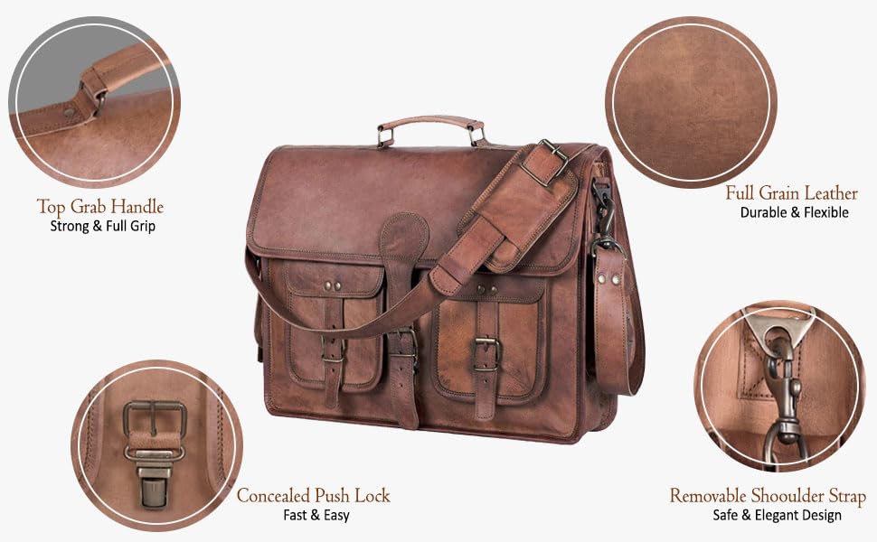 Leather Messenger Bag for Men and Women 18 inch Large Vintage Leather Briefcase Laptop Shoulder Bag Unisex Crossbody Messenger Satchel for Office, Business, Work, Travel