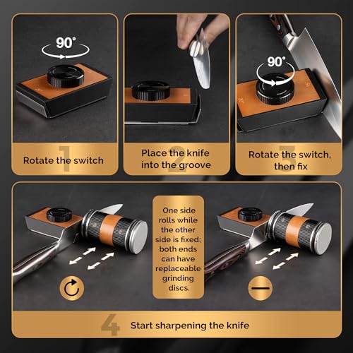 Roller Knife Sharpener, Professional Kitchen Knife Sharpener, Rolling Knife Sharpener with 5 Spare Discs for Knife Sharpener, Offers Two Sharpening Angles of 15° and 20° (Black)