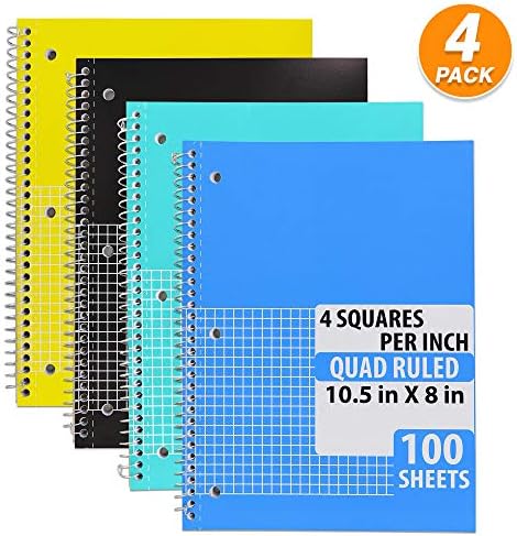 Emarw Spiral Notebooks Quad Ruled Heavy Duty White Paper 100 Sheets Assorted Colors Water Resistant Covers Protect Your Notes 3-hole punched for Ring Binder (Pack of 4)